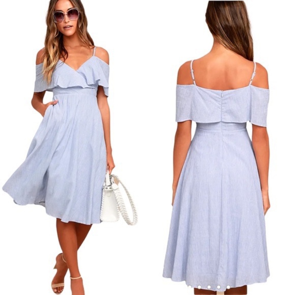 Lulus Yacht Rock Blue And White Striped Off Shoulder Midi Dress
